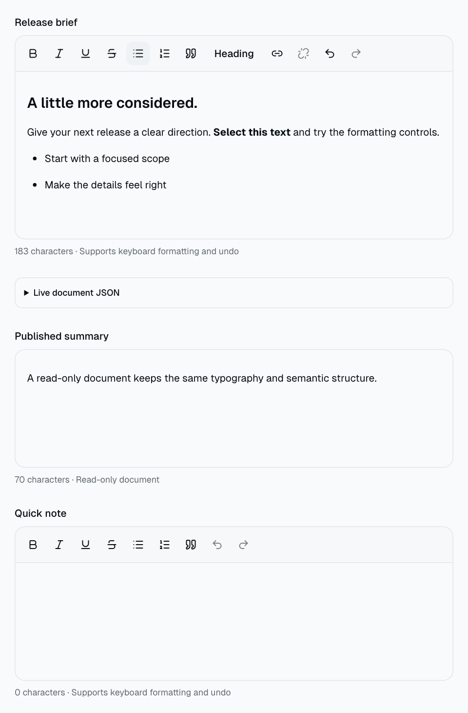 Apex rich-text editor live component example with formatting controls